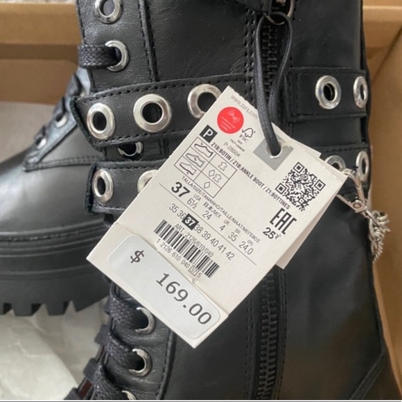 Zara Chain Laced Up Biker Moto Boot 100% leather SZ 6.5 - Picture 5 of 8